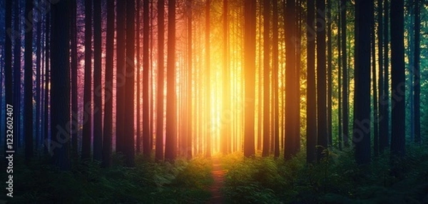 Obraz A vibrant forest with colorful light illuminating the trees and pathway.