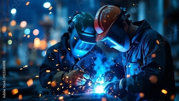 Fototapeta Offshore workers welding metal on an oil platform, with sparks flying from the welding process. The workers wear protective safety gear and helmets, highlighting the industrial setting.