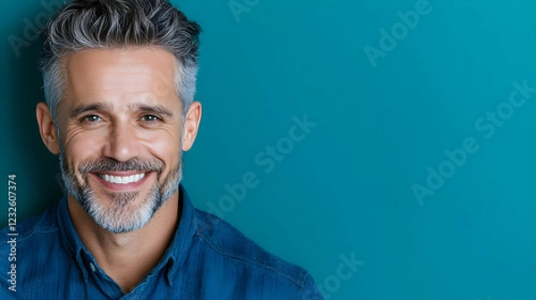 Fototapeta Happy mature man smiling, teal background, portrait, website banner