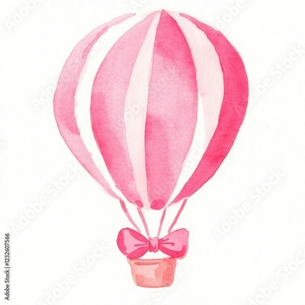 Fototapeta Whimsical watercolor pink hot air balloon in pastel hues dreamy sky art illustration playful atmosphere aerial view, isolated on white background