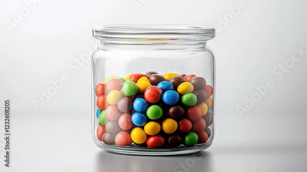 Fototapeta A clear glass jar filled with colorful candies, placed in the center of a white background