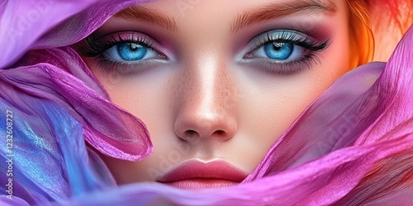 Obraz Close-up of a woman's face with vibrant makeup framed by colorful fabric during a creative beauty shoot