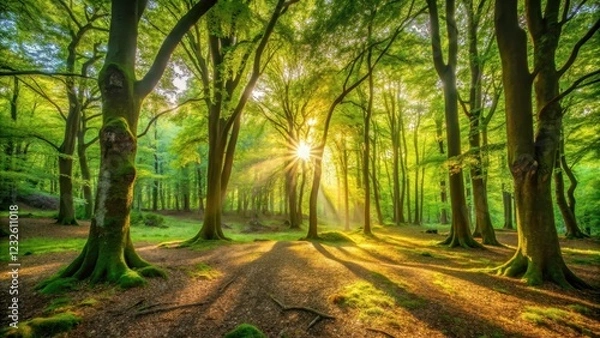 Obraz Warm sunlight filters through trees in a dense green forest, casting dappled shadows on the forest floor, branches, nature photography