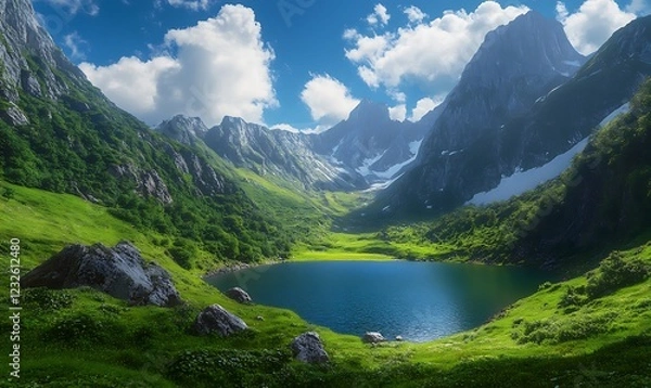 Fototapeta A serene mountain landscape with a tranquil lake surrounded by lush greenery and vibrant clouds.