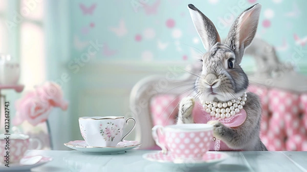 Fototapeta Charming rabbit in a polka dot dress and pearls, sitting at a tea party table, pastel background advertisement
