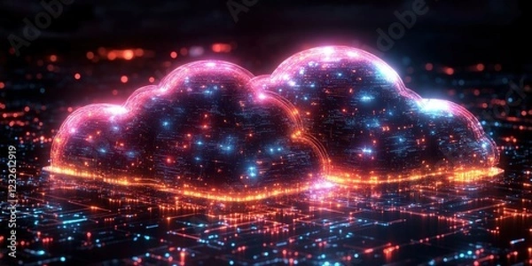 Fototapeta Two glowing clouds in a dark sky at night with starry background and soft illumination
