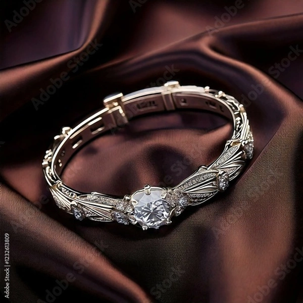 Fototapeta Elegant Diamond Bracelet with Sparkling Gems on a Soft Silk Cloth