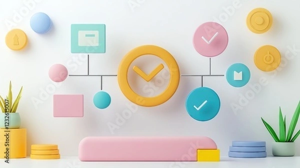 Fototapeta Colorful tech visuals with check marks and shapes.