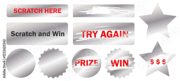 Fototapeta Silver lottery scratch cards featuring a metallic protective layer that can be erased. These gambling tickets showcase a scraping texture effect, designed as instant-win coupons. vector-based promotio