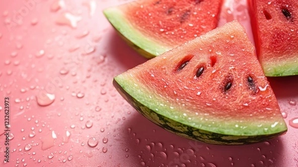Fototapeta Juicy watermelon slices with water droplets on pink background.