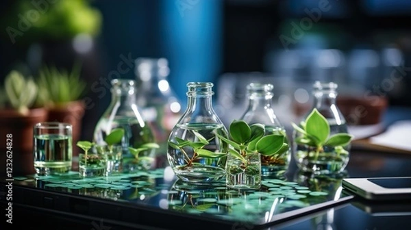Obraz Close-up of a sustainability consultant's desk with environmental reports and green technology HD 8K wallpaper Photographic Image
