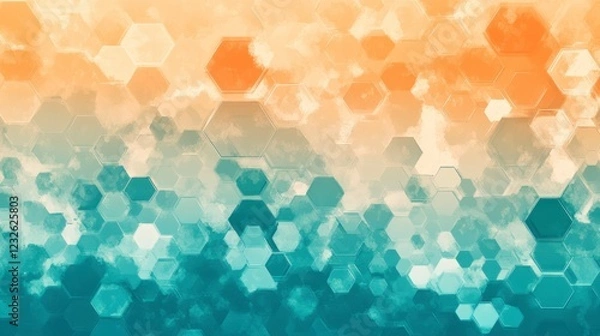 Fototapeta Layered abstract with translucent hexagons in vibrant orange and soft teal blending into each other