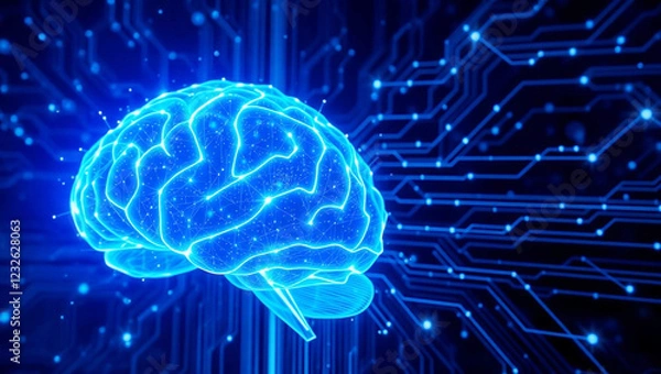 Fototapeta Glowing digital brain with blue holographic brain and dark circuit board background, artificial intelligence concept, cyber brain, futuristic medical technology.