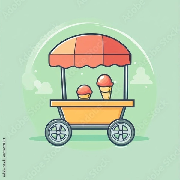 Fototapeta Cute ice cream cart on a light green background. Possible use Stock photo for social media, children's books, or food-related promotions