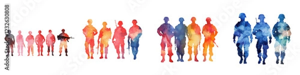 Fototapeta Memorial day element, Watercolor soldier silhouettes in vibrant colors and styles, isolated on transparent background.