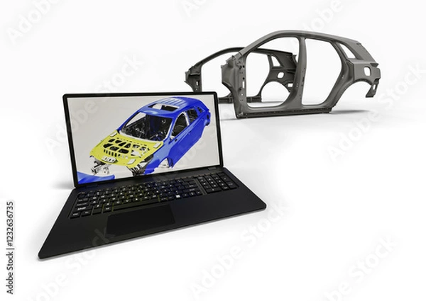 Fototapeta 3D render of a laptop with a car parts representing car development process
