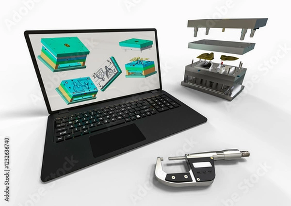 Fototapeta 3D rendering representing an plastic injection mold development with the help of the 3d software and computer