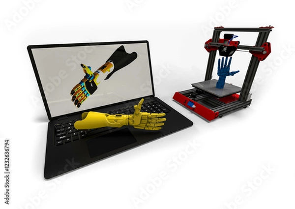 Fototapeta 3D rendering representing a 3D printed product with the help of the 3D software, 3D printer, laptop and a prosthetic hand 