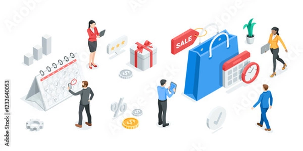 Fototapeta isometric vector shopping bag and clock with calendar and gift and business people, in color on a white background, shopping or sale time
