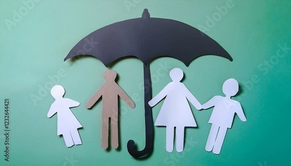 Fototapeta 커다란 우산 아래 보호받는 다양한 복지 상징물의 종이인형