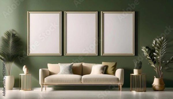 Fototapeta Three blank pictures frames mockup wall art posters on a green fresh wall with decorative items