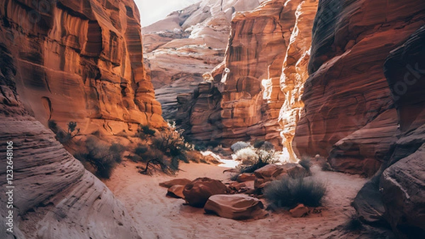 Obraz Sunlit canyon with towering sandstone formations, layered textures, contrasting light and shadow, and a winding path through a desert scene