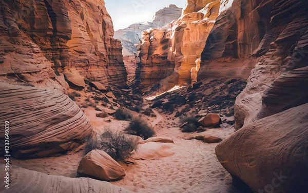 Obraz Sunlit canyon with towering sandstone formations, layered textures, contrasting light and shadow, and a winding path through a desert scene