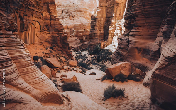 Obraz Sunlit canyon with towering sandstone formations, layered textures, contrasting light and shadow, and a winding path through a desert scene