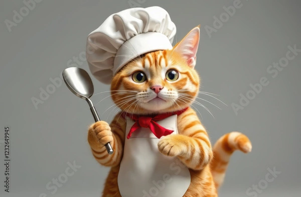 Obraz Cat  with white Chef hat on gray background.