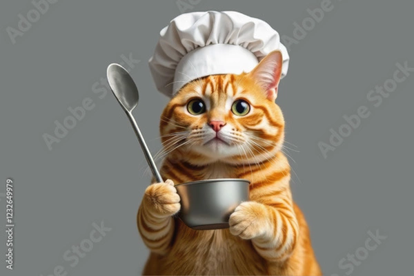 Obraz Cat  with white Chef hat on gray background.