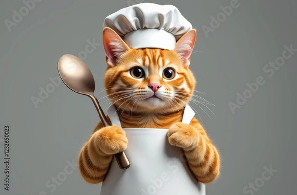 Obraz Cat  with white Chef hat on gray background.