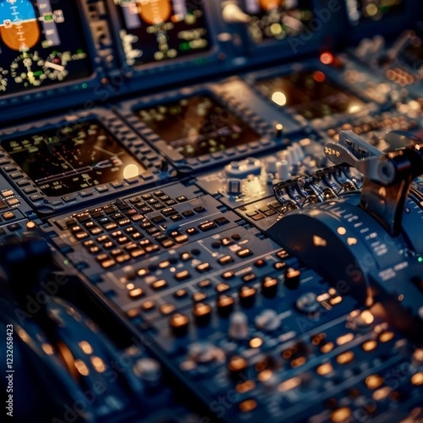 Fototapeta Detailed Close-Up of Airplane Cockpit Controls with Instrument Panel and Navigation Display