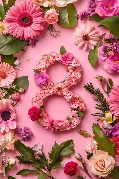 Obraz Floral Number Eight Decoration. Floral number 8 on pink background with flowers for birthdays and anniversaries. Ideal for feminine and celebratory designs.