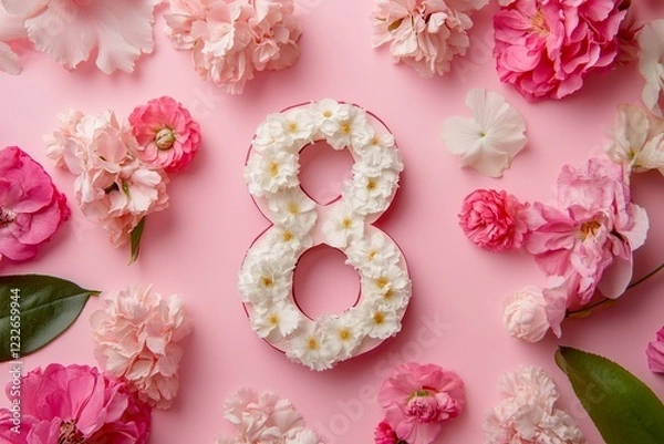 Obraz Floral Number Eight on Pink Background. Floral number 8 on pink background, ideal for spring designs and celebrations like International Women's Day.