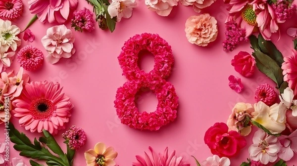 Obraz Floral Number Eight Decoration. Floral number eight on pink background ideal for birthdays or anniversaries.