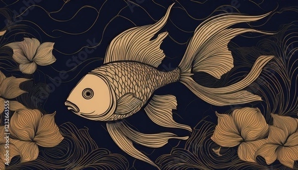 Fototapeta Stunning Line Art Abstraction of Dark Seascape with Swimming Goldfish, Showcasing a Vibrant Gold and Blue Palette in an Oceanic Dreamscape, Ideal for Digital Art, Home Decor, or Design
