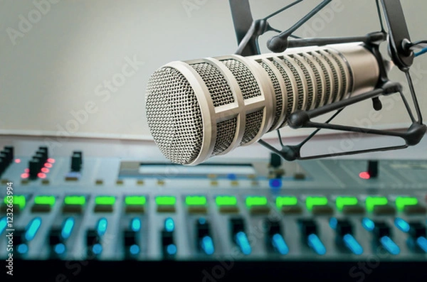 Fototapeta Professional microphone and sound mixer in radio station studio