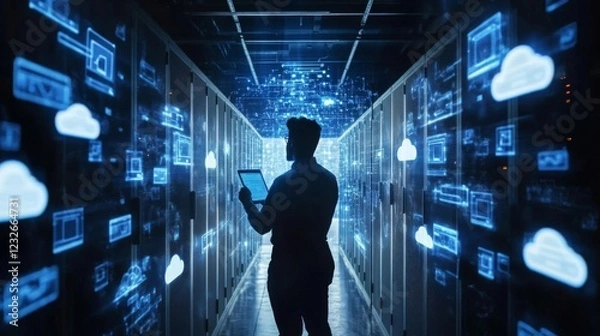 Fototapeta Silhouette of a Man Using Tablet in a Blue Lit Data Center