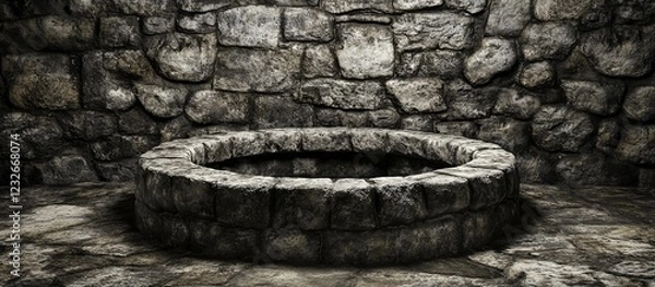 Fototapeta Stone well in ancient cellar; dark background, game design
