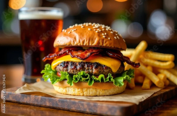 Obraz Tasty burger with juicy patty, fried bacon, fresh herbs and cheese on wooden board, next to it there fries with glass of sweet soda water. Background cafe blur. Fast food concept