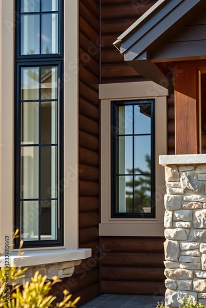 Obraz Modern Log Home Exterior with Stone Accents and Black Window Frames. Luxurious design, high-end real estate, dream home, modern architecture.