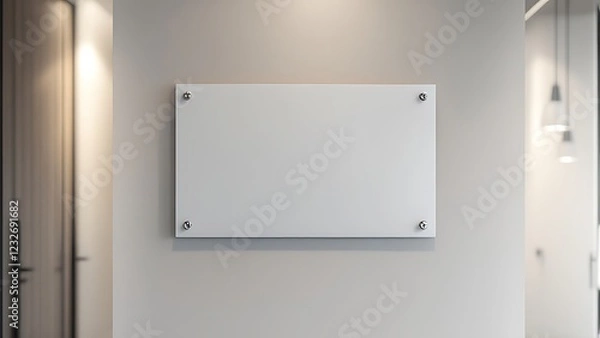 Fototapeta Name plate design mockup handing on door, 3d render. Door sign mock up template on entry in cabinet. Office hall interior with nameplate on door