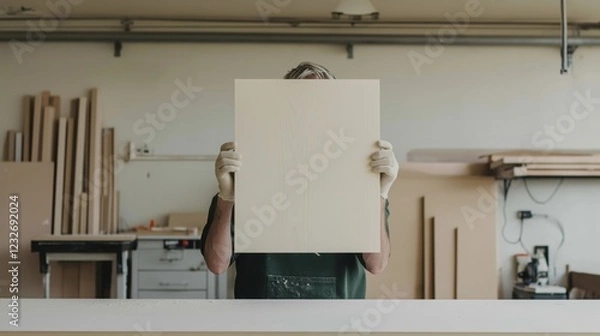 Fototapeta Skilled artisan displaying handcrafted wood panel in workshop for creative design