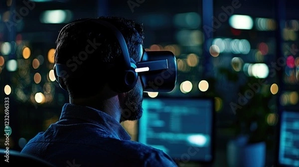 Fototapeta Person Using Virtual Reality Headset in Modern Urban Environment