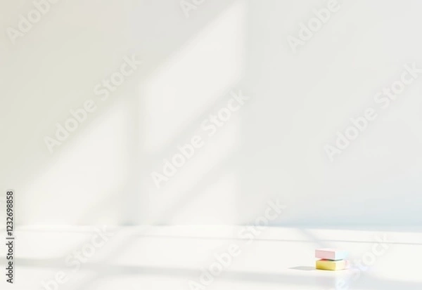 Obraz Minimalist geometric object in soft pastel tones, casting a shadow against a bright white background, creating a modern and abstract aesthetic