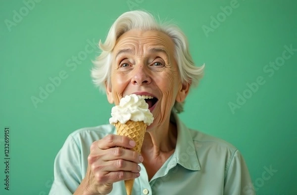 Fototapeta Old senior charming lady in pastel color clothes eat an ice cream on cone. Funny melting scene with food an older aged woman. The background is mint green, copy space