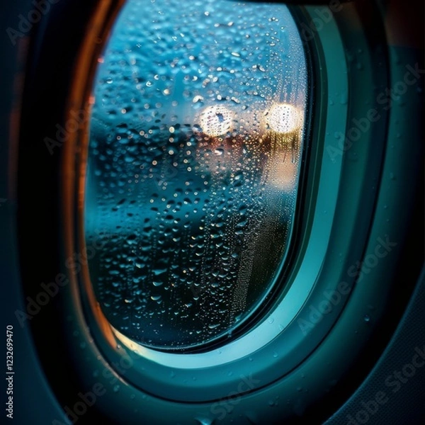Fototapeta Close-up of airplane window with condensation, cool tones, atmospheric lighting 