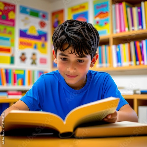 Fototapeta Un niño leyendo un libro de azul.Un niño que está leyendo un libro alegremente.