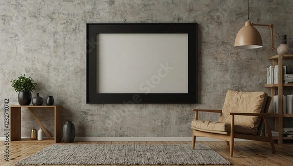 Fototapeta  Scandinavian living room fireplace mantle interior with blank frame mock up on wall 