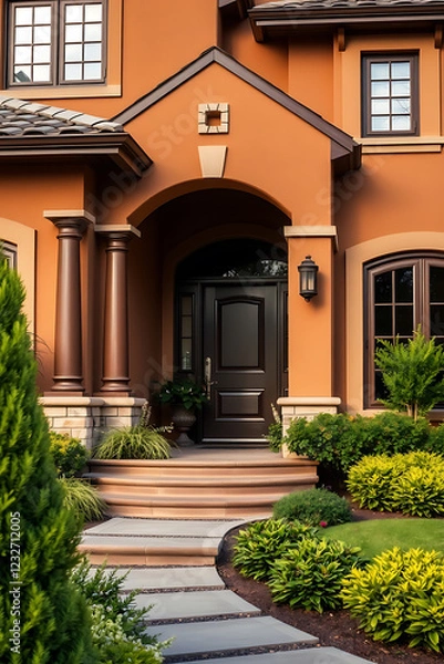 Fototapeta Luxury Home Exterior: Modern Architectural Design with Landscaped Entrance